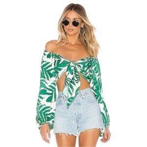 Bardot x Revolve Geo Palm Crop Off The Shoulder Tie Top in White/Green